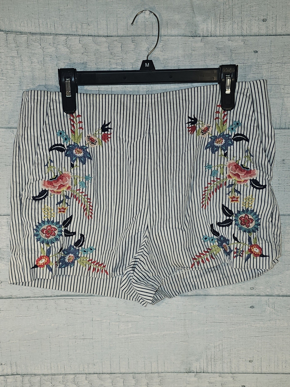 LOFT White Navy Pinstripe High-Waist Shorts with Multicolor Floral Embroidery